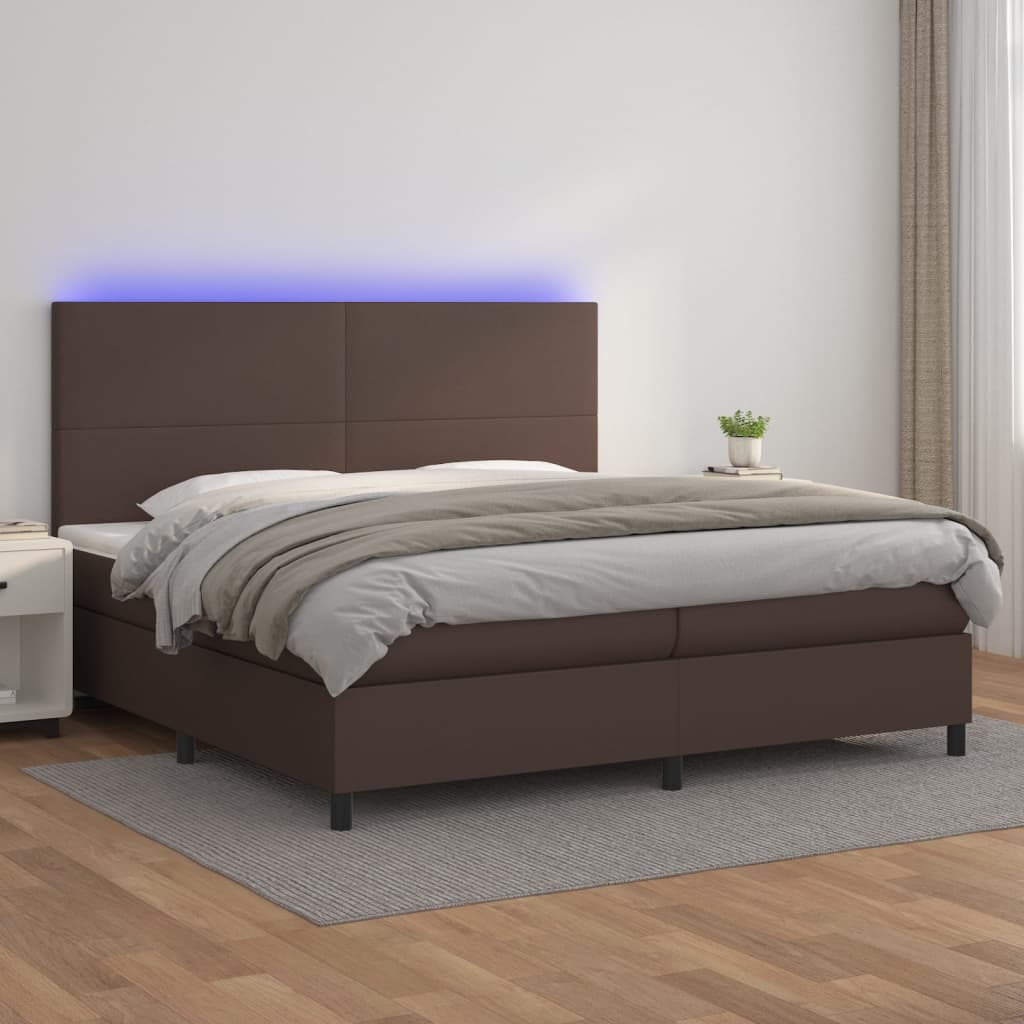 Κρεβάτι Boxspring με Στρώμα & LED Καφέ 200x200 εκ. Συνθ. Δέρμα - Pakobazaar
