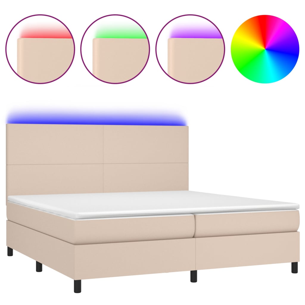 Κρεβάτι Boxspring Στρώμα&LED Καπουτσίνο 200x200 εκ. Συνθ. Δέρμα - Pakobazaar