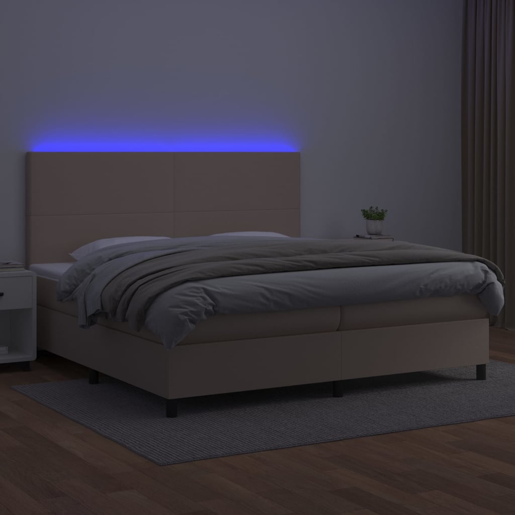 Κρεβάτι Boxspring Στρώμα&LED Καπουτσίνο 200x200 εκ. Συνθ. Δέρμα - Pakobazaar