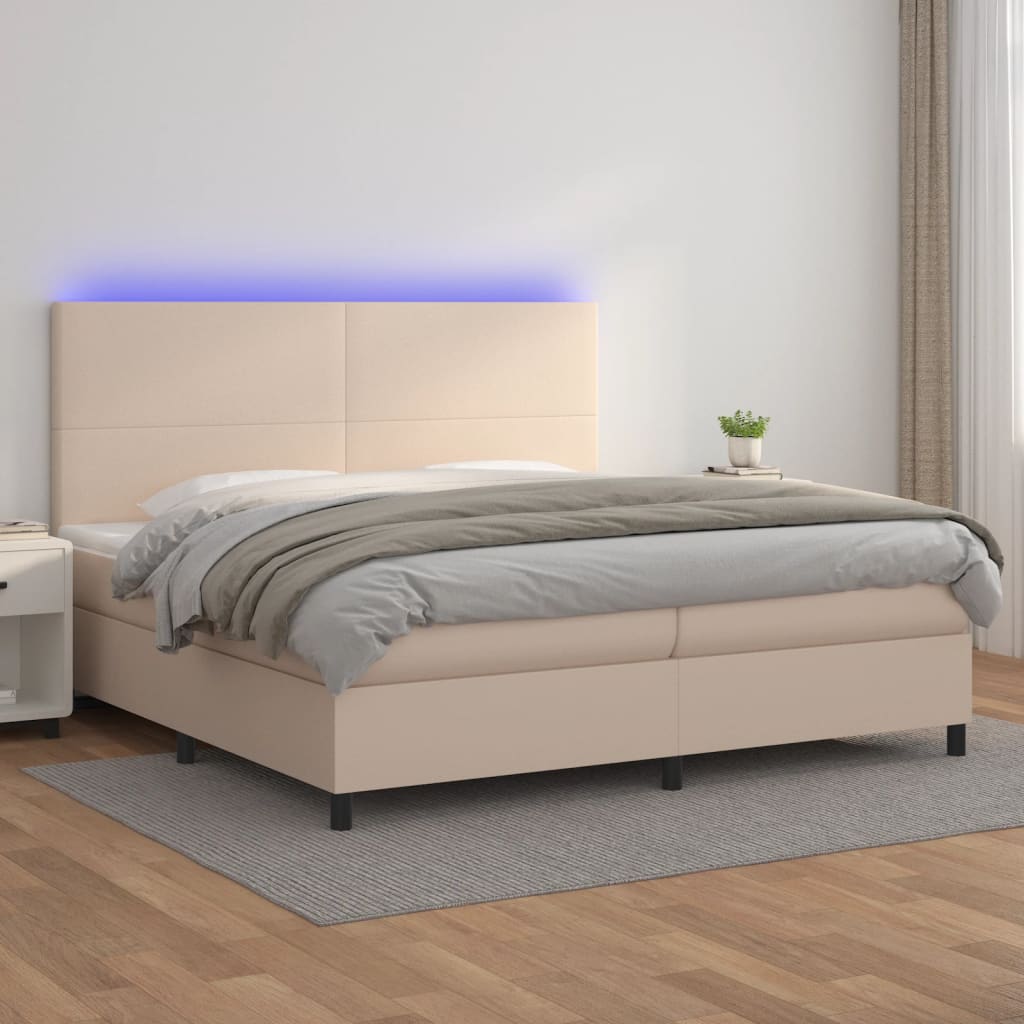 Κρεβάτι Boxspring Στρώμα&LED Καπουτσίνο 200x200 εκ. Συνθ. Δέρμα - Pakobazaar