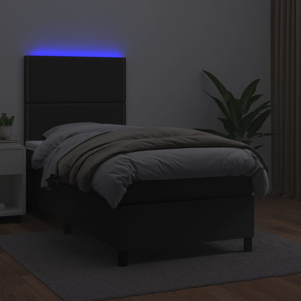 Κρεβάτι Boxspring με Στρώμα & LED Μαύρο 90x190 εκ. Συνθ. Δέρμα
