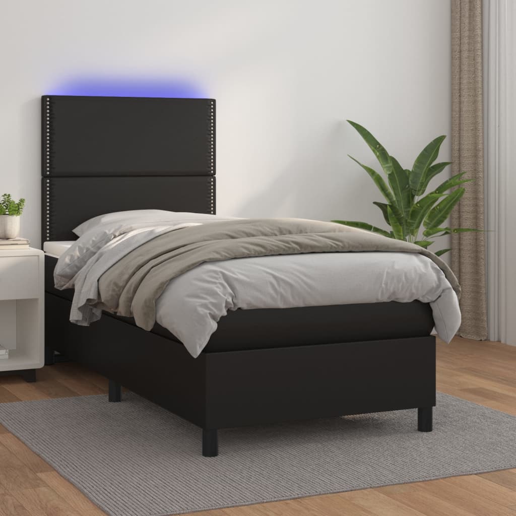 Κρεβάτι Boxspring με Στρώμα & LED Μαύρο 90x190 εκ. Συνθ. Δέρμα