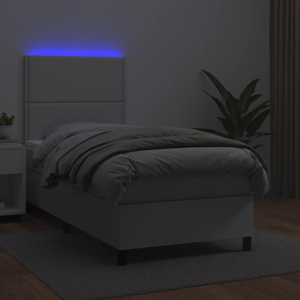 Κρεβάτι Boxspring με Στρώμα & LED Λευκό 90x190 εκ. Συνθ. Δέρμα