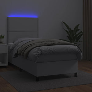 Κρεβάτι Boxspring με Στρώμα & LED Λευκό 90x190 εκ. Συνθ. Δέρμα