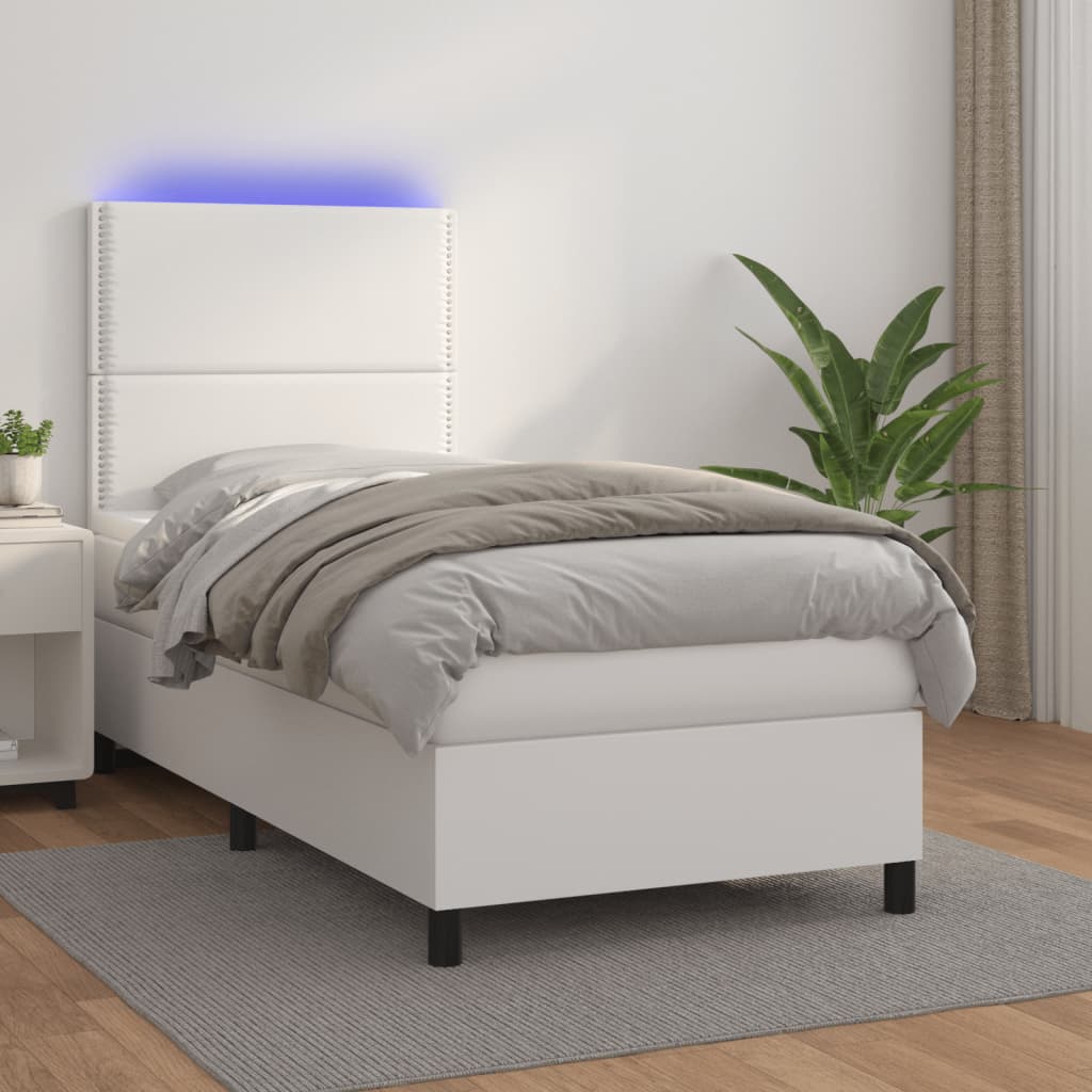 Κρεβάτι Boxspring με Στρώμα & LED Λευκό 90x190 εκ. Συνθ. Δέρμα