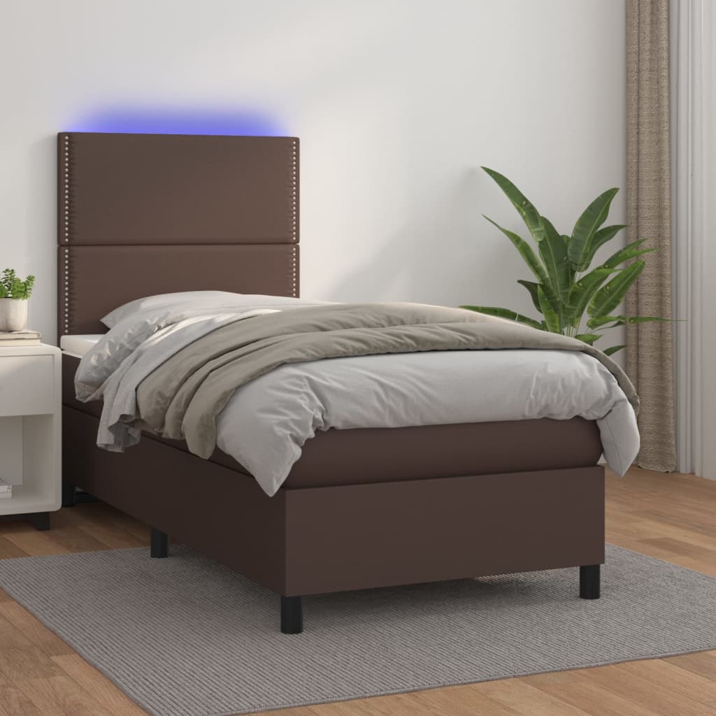 Κρεβάτι Boxspring με Στρώμα & LED Καφέ 90x190 εκ. Συνθ. Δέρμα