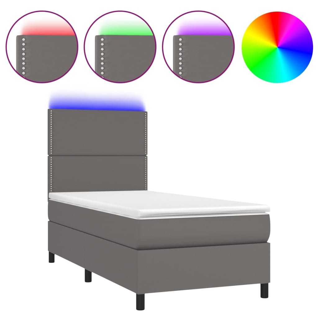 Κρεβάτι Boxspring με Στρώμα & LED Γκρι 90x190 εκ. Συνθ. Δέρμα