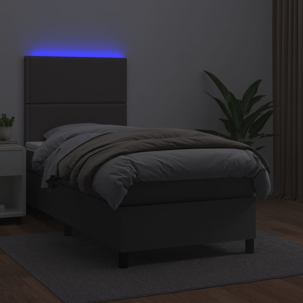 Κρεβάτι Boxspring με Στρώμα & LED Γκρι 90x190 εκ. Συνθ. Δέρμα