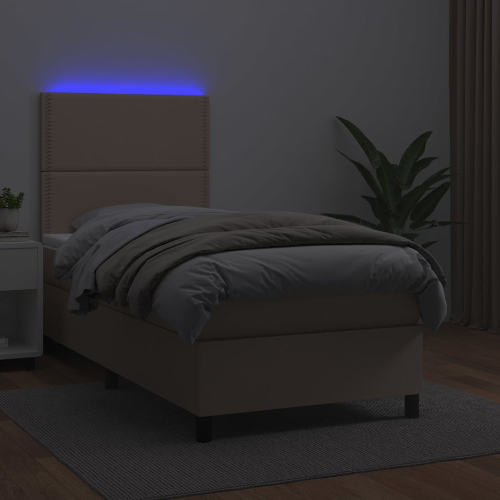 Κρεβάτι Boxspring Στρώμα&LED Καπουτσίνο 90x190 εκ. Συνθ. Δέρμα
