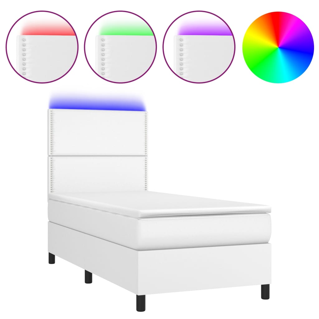 Κρεβάτι Boxspring με Στρώμα & LED Λευκό 90x200 εκ. Συνθ. Δέρμα