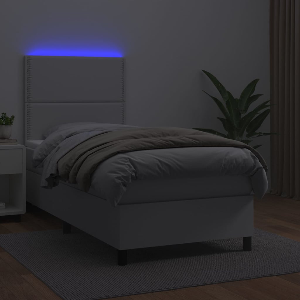 Κρεβάτι Boxspring με Στρώμα & LED Λευκό 90x200 εκ. Συνθ. Δέρμα