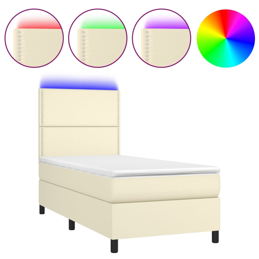 Κρεβάτι Boxspring με Στρώμα & LED Κρεμ 90x200 εκ. Συνθ. Δέρμα