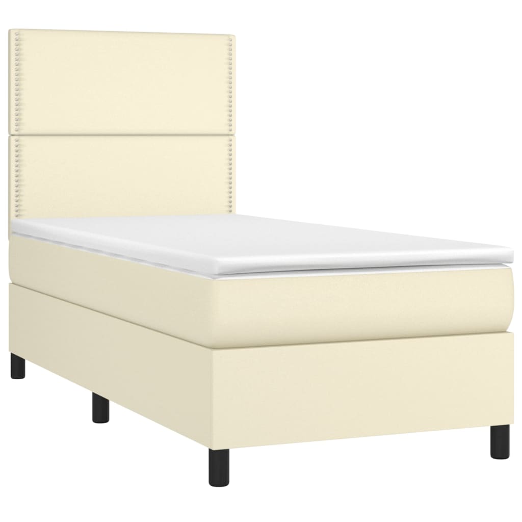 Κρεβάτι Boxspring με Στρώμα & LED Κρεμ 90x200 εκ. Συνθ. Δέρμα