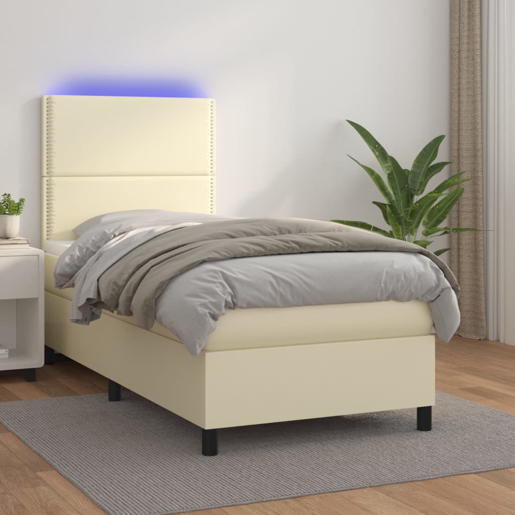 Κρεβάτι Boxspring με Στρώμα & LED Κρεμ 90x200 εκ. Συνθ. Δέρμα
