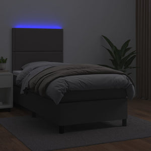 Κρεβάτι Boxspring με Στρώμα & LED Γκρι 90x200 εκ. Συνθ. Δέρμα