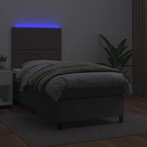 Κρεβάτι Boxspring με Στρώμα & LED Γκρι 100x200 εκ. Συνθ. Δέρμα