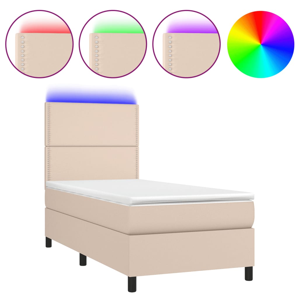 Κρεβάτι Boxspring Στρώμα&LED Καπουτσίνο 100x200 εκ. Συνθ. Δέρμα - Pakobazaar