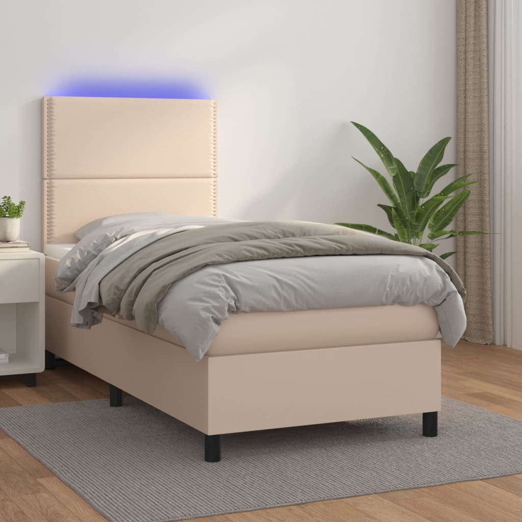 Κρεβάτι Boxspring Στρώμα&LED Καπουτσίνο 100x200 εκ. Συνθ. Δέρμα - Pakobazaar