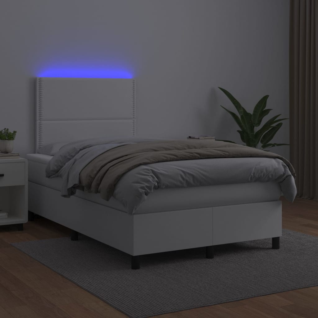 Κρεβάτι Boxspring με Στρώμα & LED Λευκό 120x200 εκ. Συνθ. Δέρμα