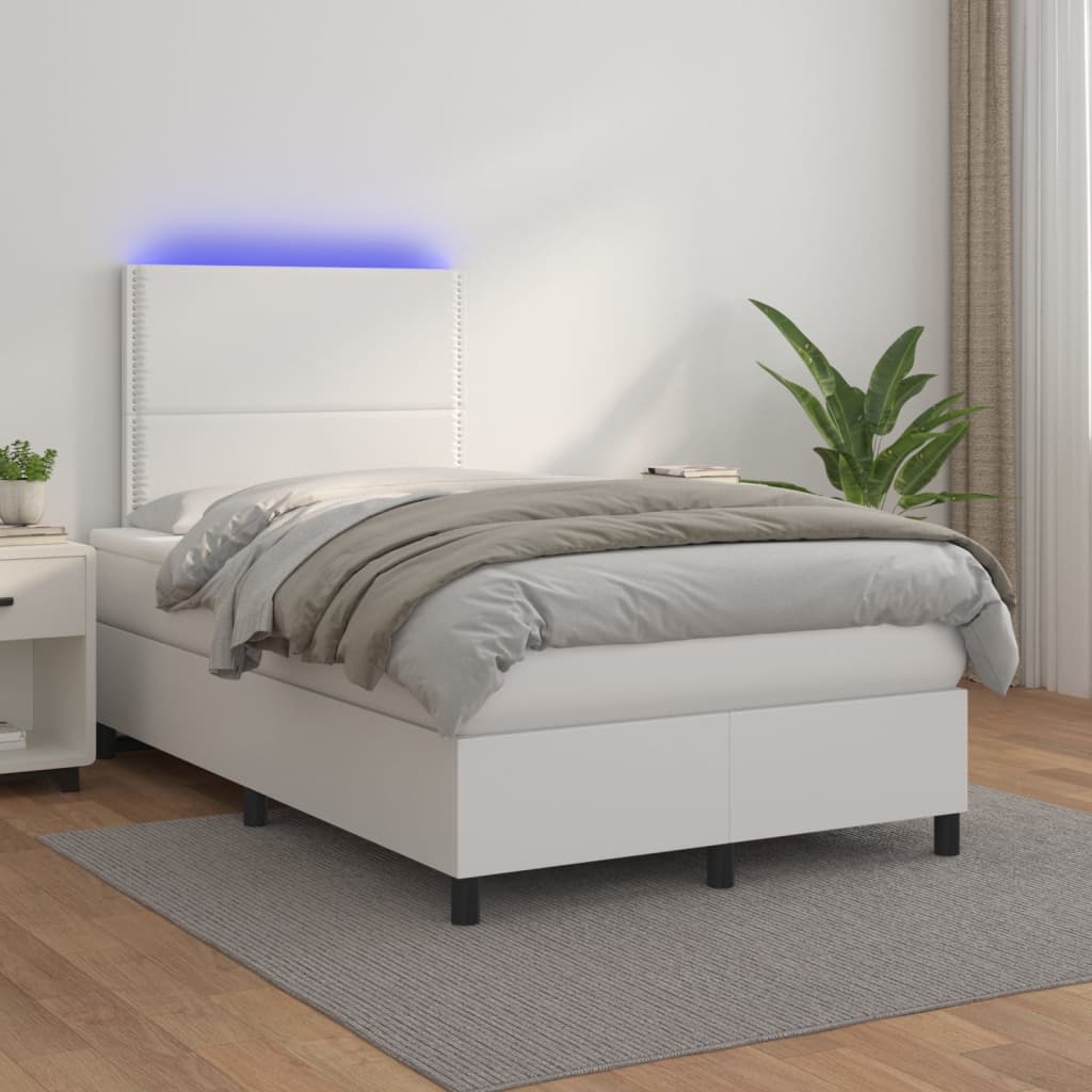 Κρεβάτι Boxspring με Στρώμα & LED Λευκό 120x200 εκ. Συνθ. Δέρμα