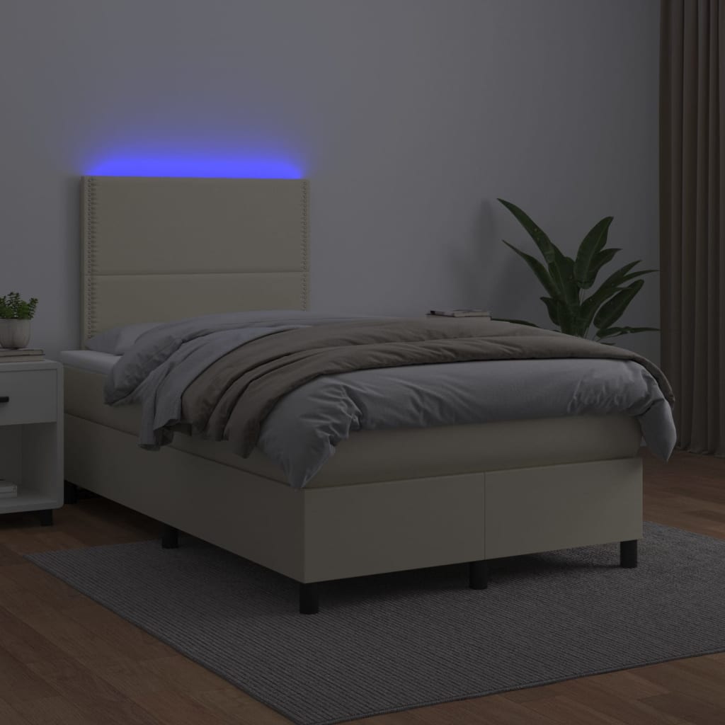 Κρεβάτι Boxspring με Στρώμα & LED Κρεμ 120x200 εκ. Συνθ. Δέρμα