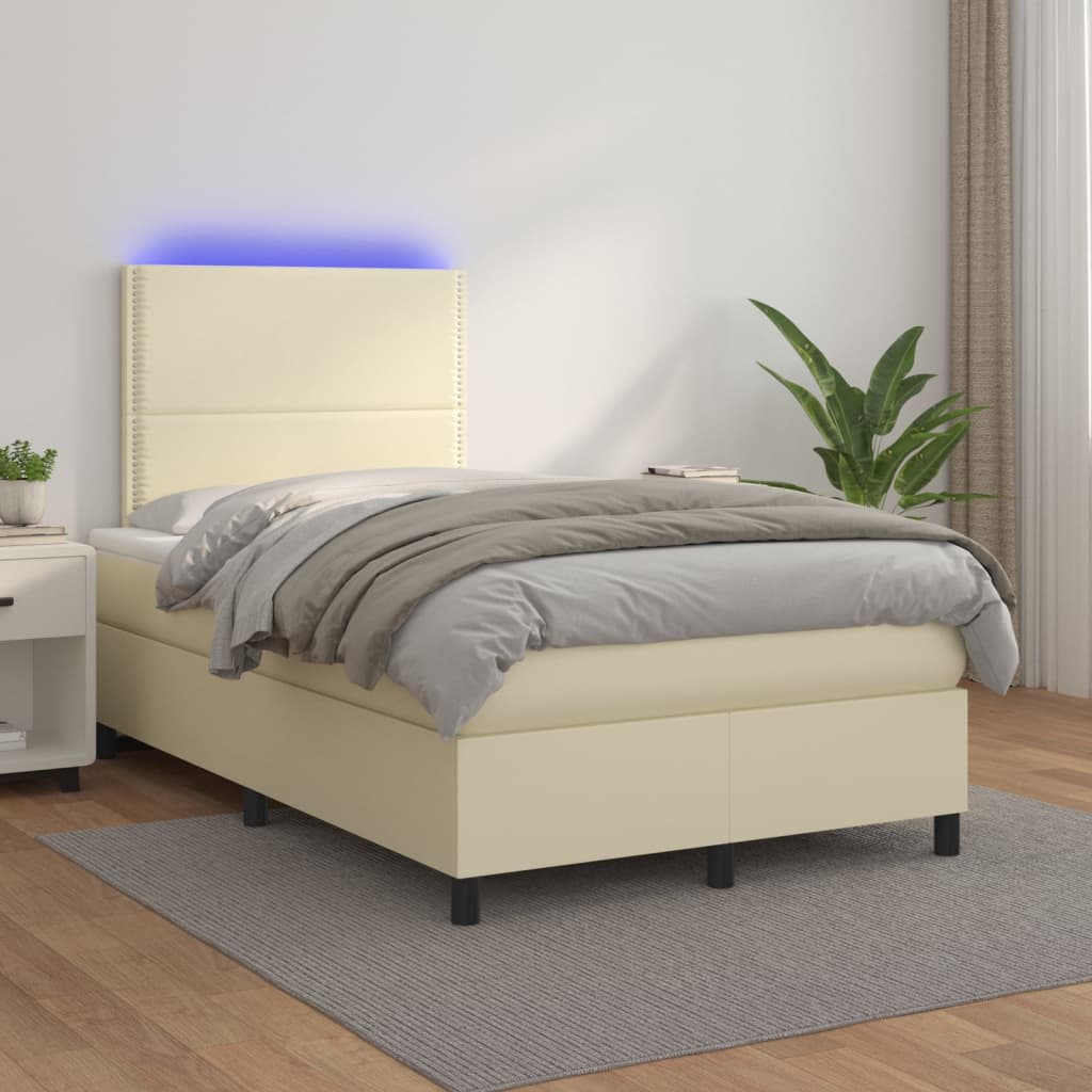 Κρεβάτι Boxspring με Στρώμα & LED Κρεμ 120x200 εκ. Συνθ. Δέρμα