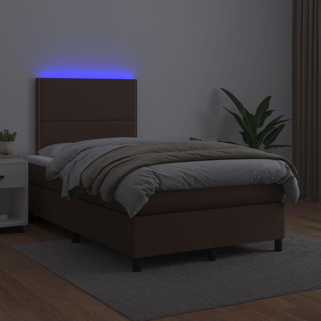 Κρεβάτι Boxspring με Στρώμα & LED Καφέ 120x200 εκ. Συνθ. Δέρμα