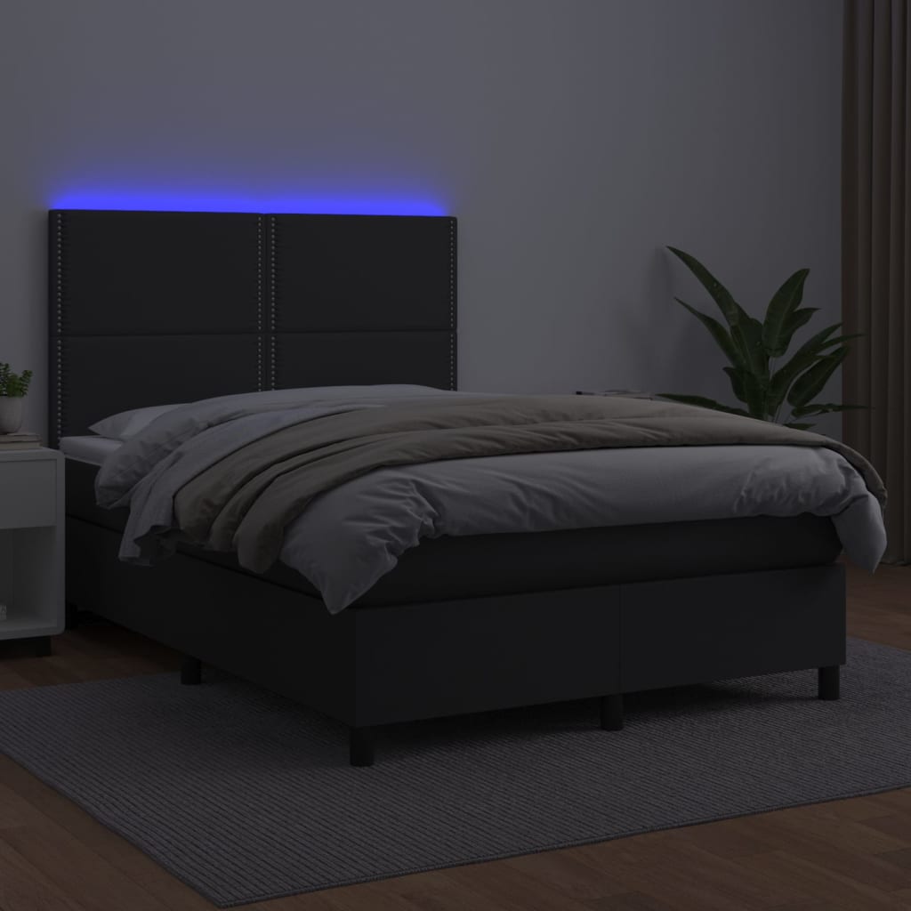 Κρεβάτι Boxspring με Στρώμα & LED Μαύρο 140x190 εκ. Συνθ. Δέρμα