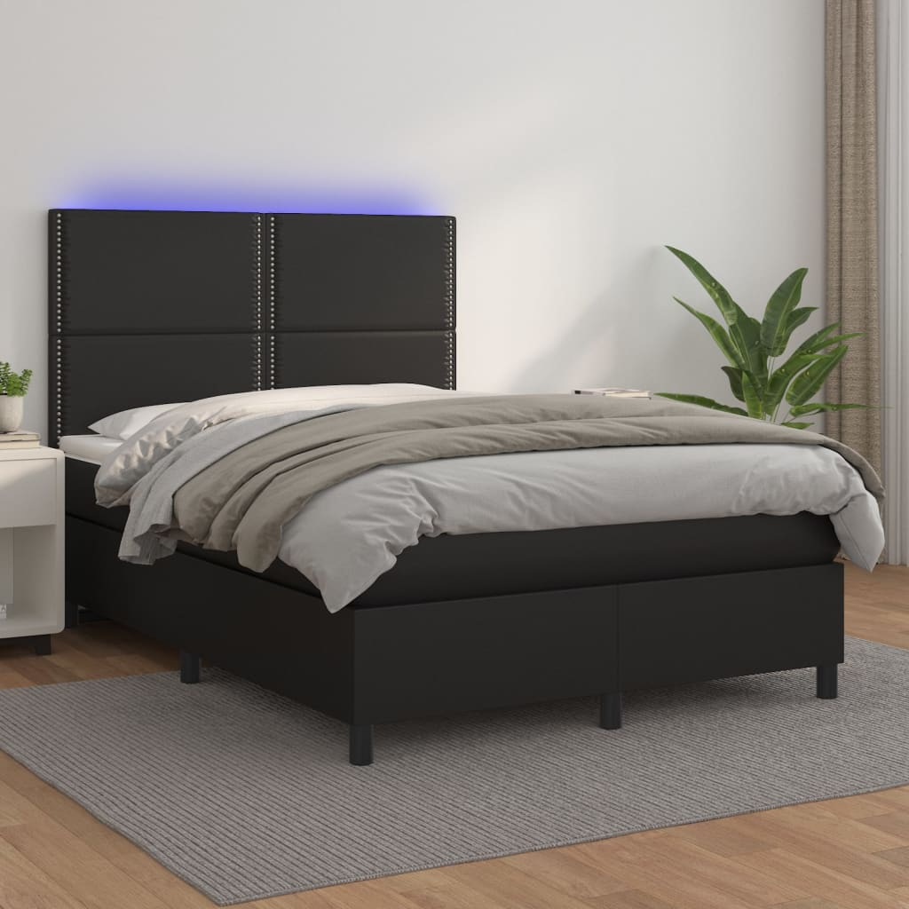 Κρεβάτι Boxspring με Στρώμα & LED Μαύρο 140x190 εκ. Συνθ. Δέρμα
