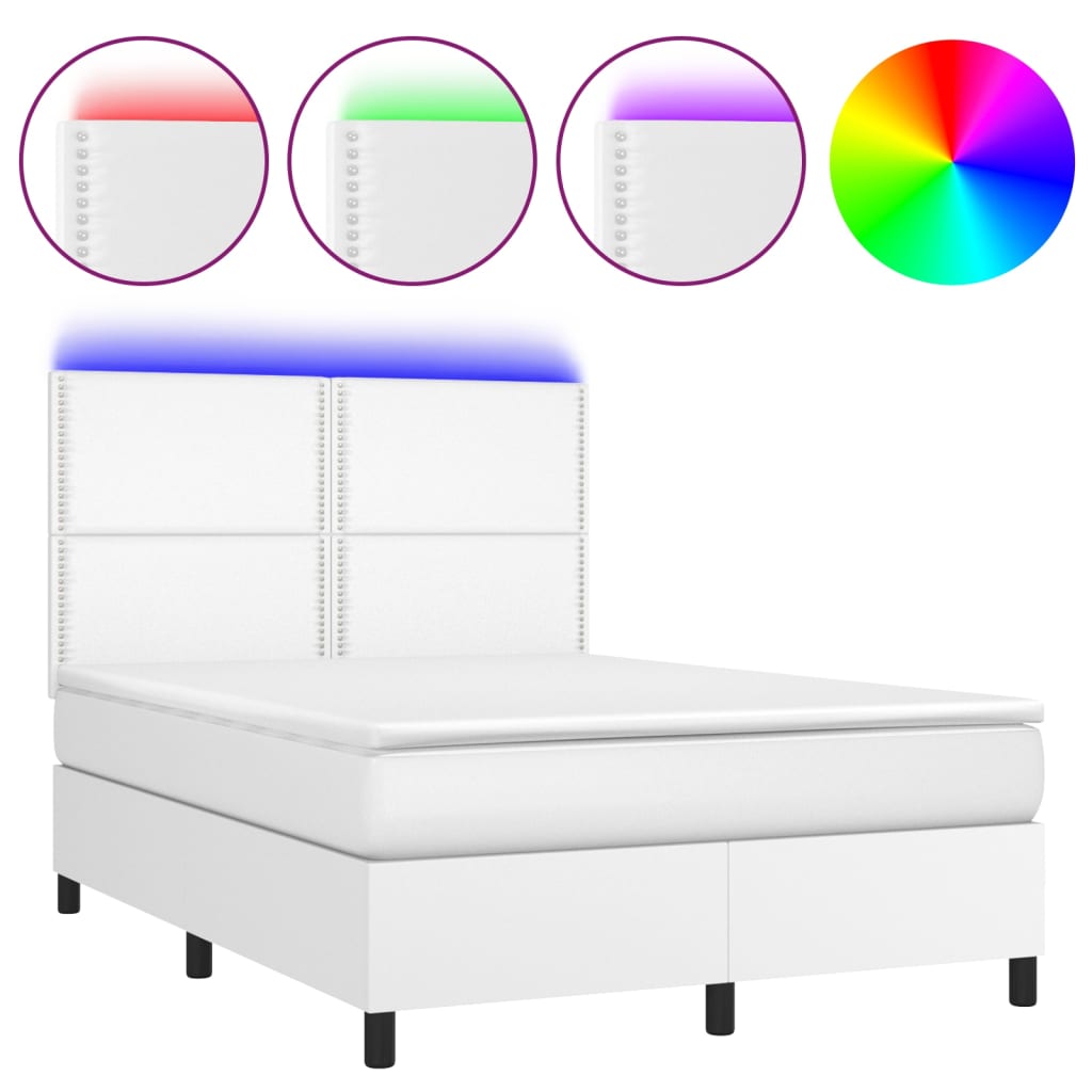 Κρεβάτι Boxspring με Στρώμα & LED Λευκό 140x190 εκ. Συνθ. Δέρμα