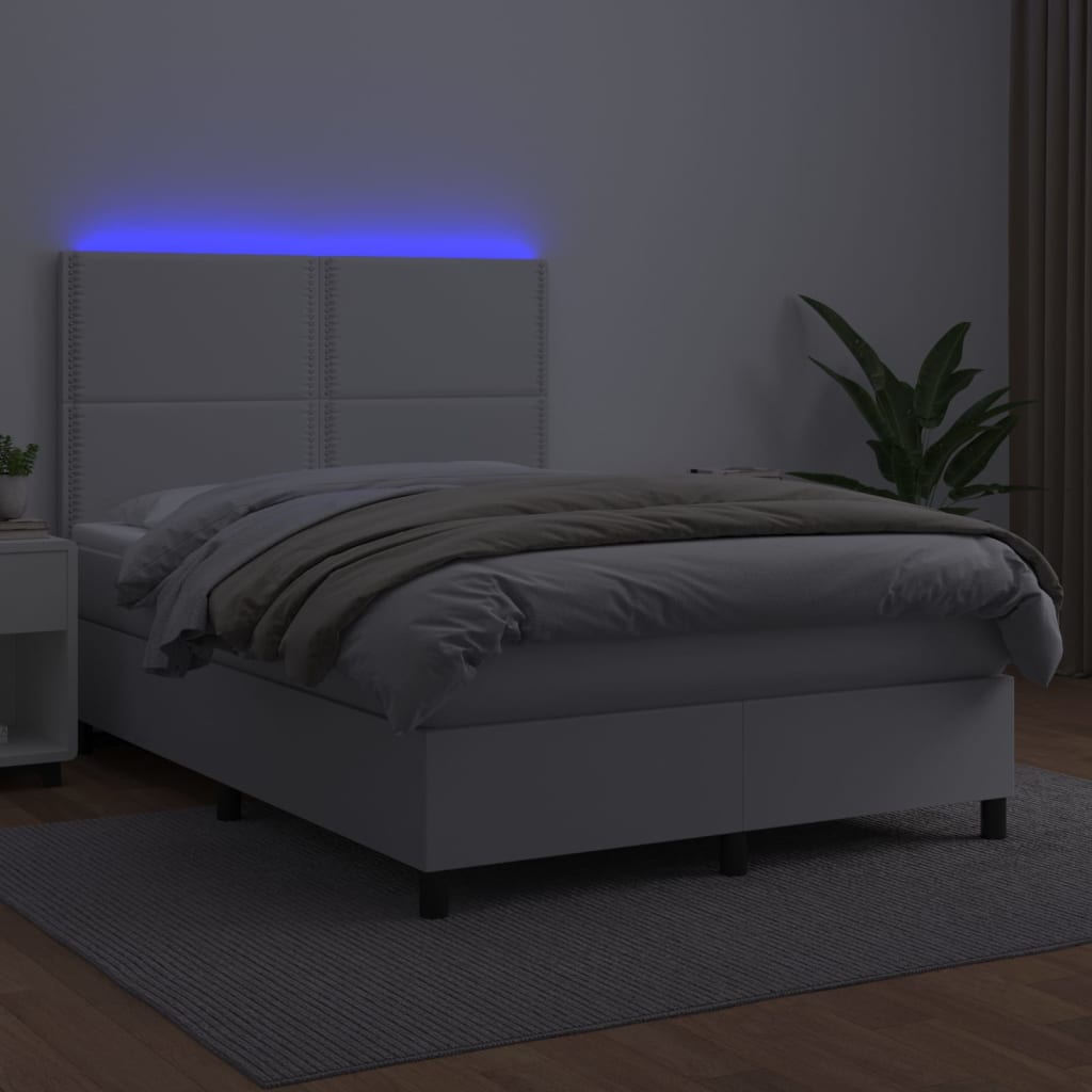 Κρεβάτι Boxspring με Στρώμα & LED Λευκό 140x190 εκ. Συνθ. Δέρμα
