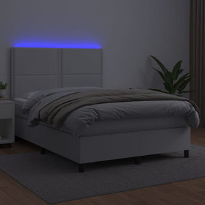 Κρεβάτι Boxspring με Στρώμα & LED Λευκό 140x190 εκ. Συνθ. Δέρμα