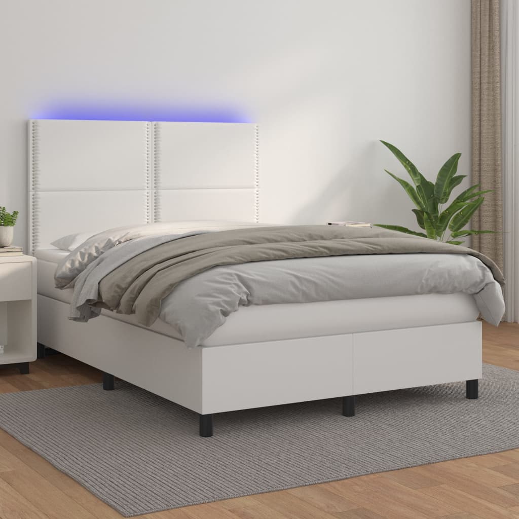 Κρεβάτι Boxspring με Στρώμα & LED Λευκό 140x190 εκ. Συνθ. Δέρμα