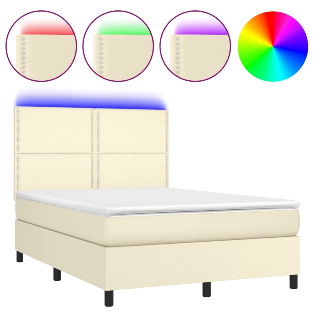 Κρεβάτι Boxspring με Στρώμα & LED Κρεμ 140x190 εκ. Συνθ. Δέρμα
