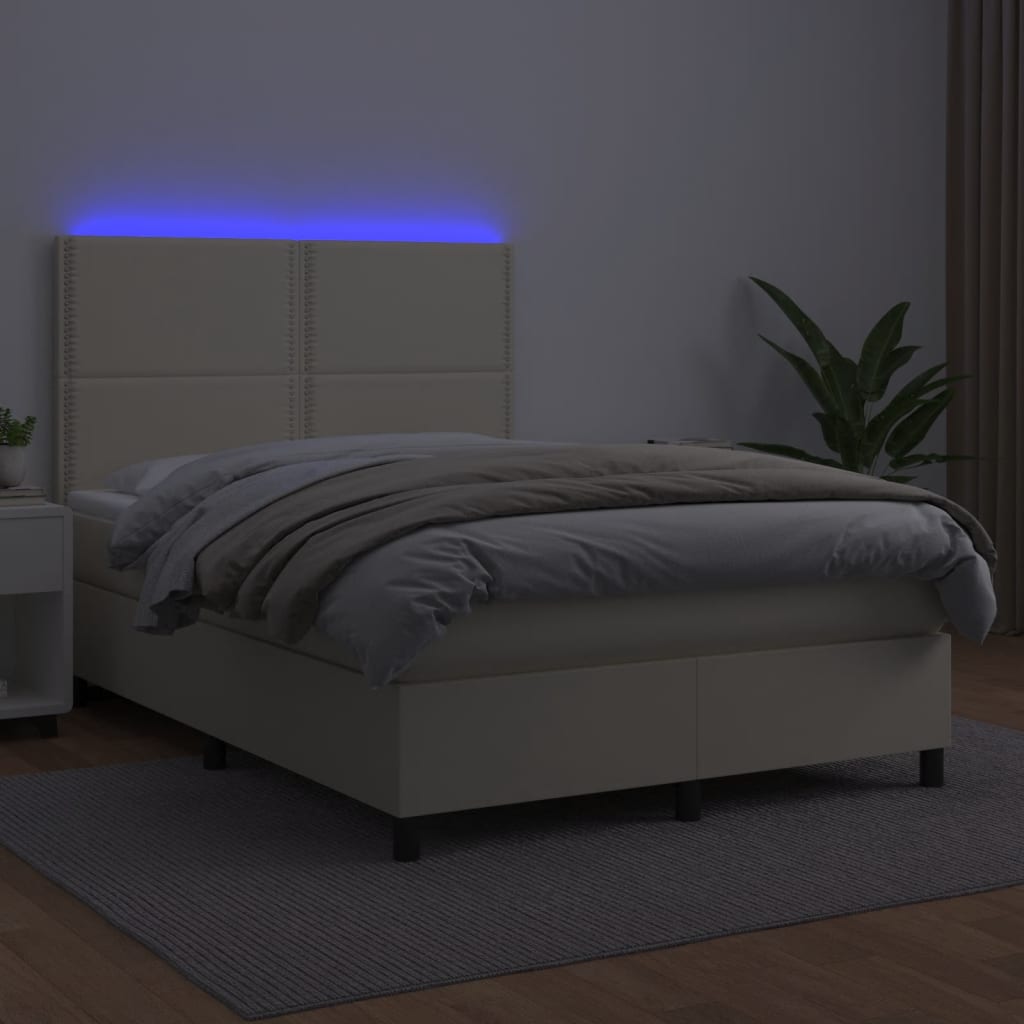 Κρεβάτι Boxspring με Στρώμα & LED Κρεμ 140x190 εκ. Συνθ. Δέρμα