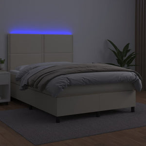 Κρεβάτι Boxspring με Στρώμα & LED Κρεμ 140x190 εκ. Συνθ. Δέρμα