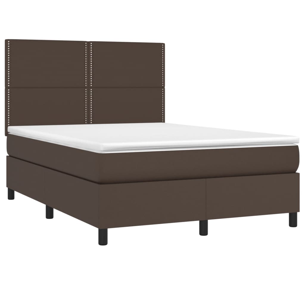 Κρεβάτι Boxspring με Στρώμα & LED Καφέ 140x190 εκ. Συνθ. Δέρμα