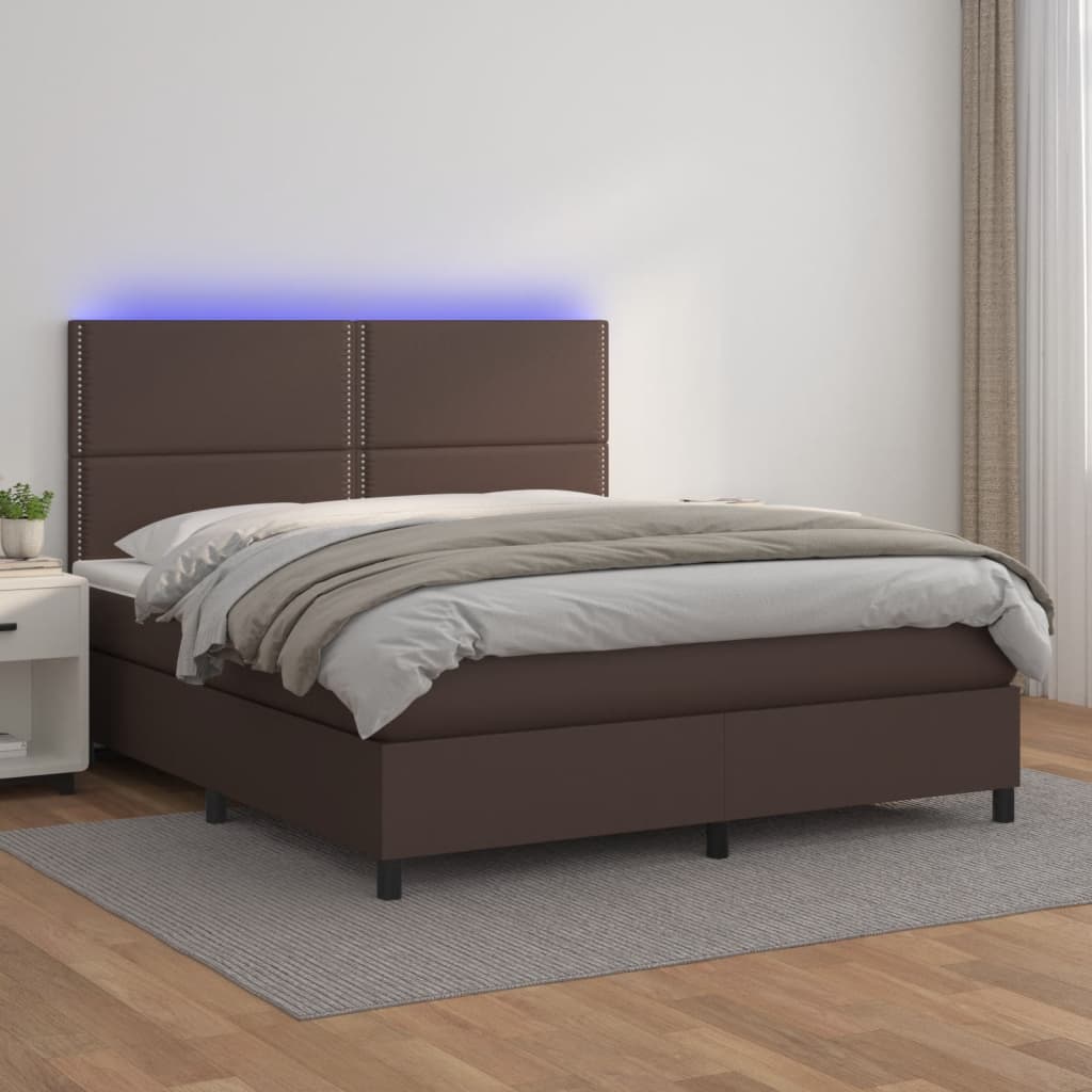 Κρεβάτι Boxspring με Στρώμα & LED Καφέ 140x190 εκ. Συνθ. Δέρμα