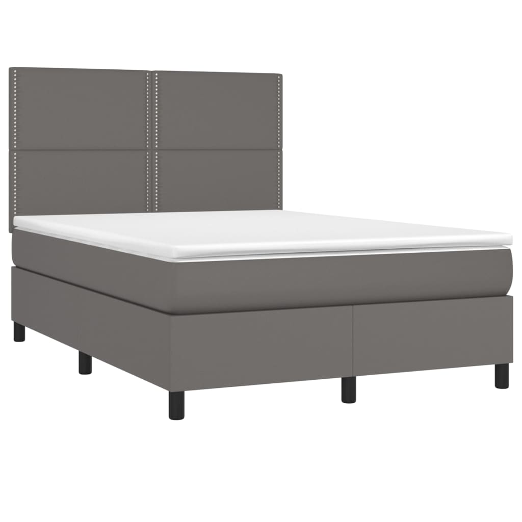 Κρεβάτι Boxspring με Στρώμα & LED Γκρι 140x190 εκ. Συνθ. Δέρμα