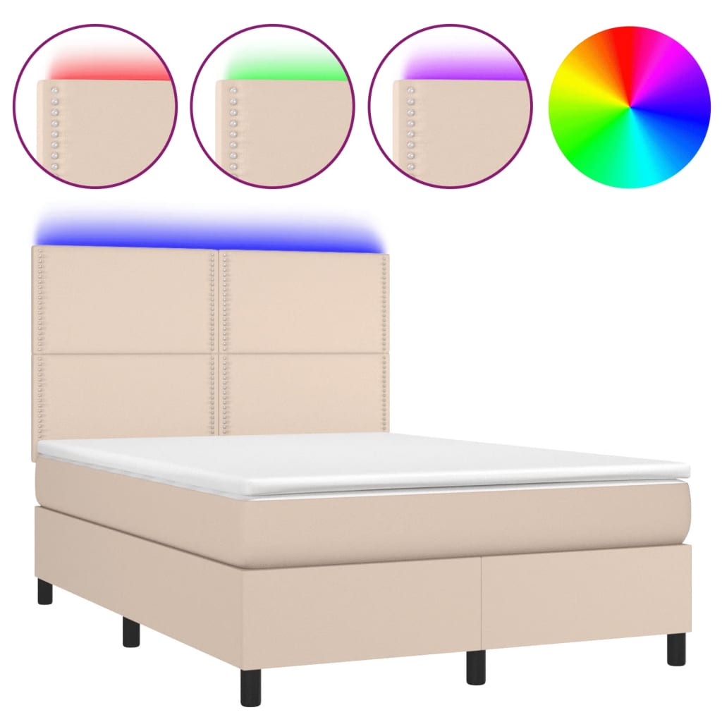 Κρεβάτι Boxspring Στρώμα&LED Καπουτσίνο 140x190 εκ. Συνθ. Δέρμα