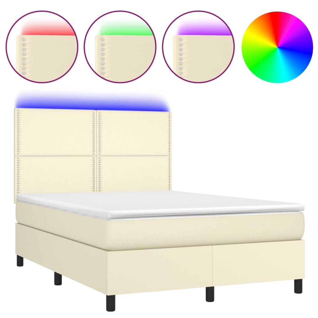 Κρεβάτι Boxspring με Στρώμα & LED Κρεμ 140x200 εκ. Συνθ. Δέρμα