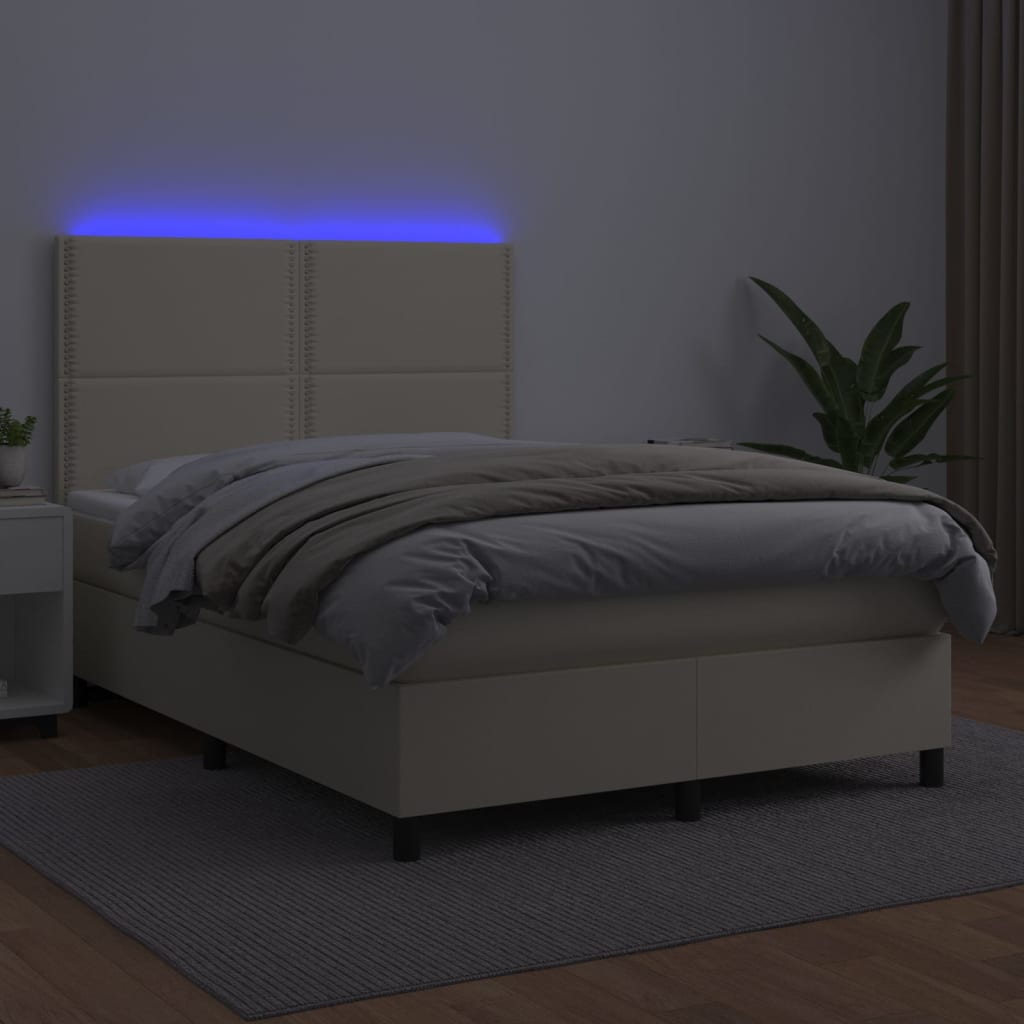 Κρεβάτι Boxspring με Στρώμα & LED Κρεμ 140x200 εκ. Συνθ. Δέρμα