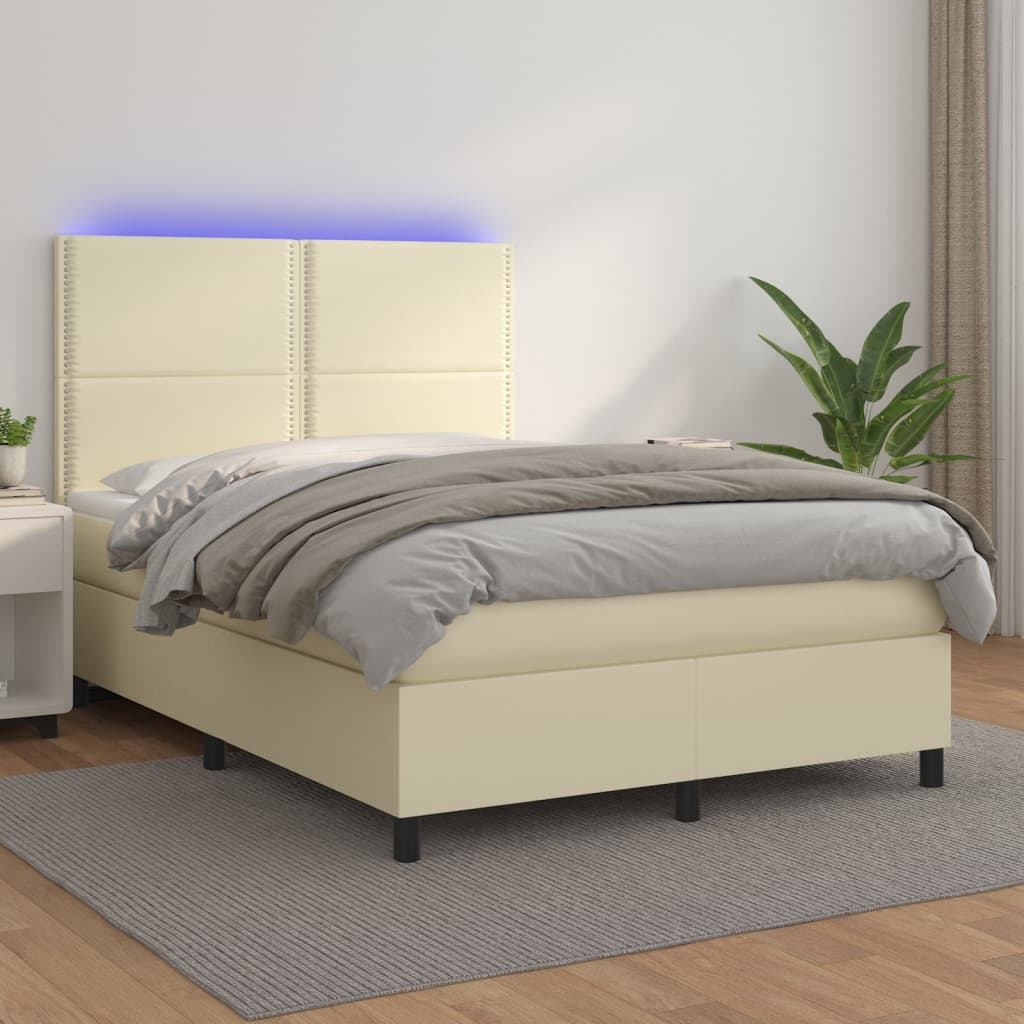 Κρεβάτι Boxspring με Στρώμα & LED Κρεμ 140x200 εκ. Συνθ. Δέρμα