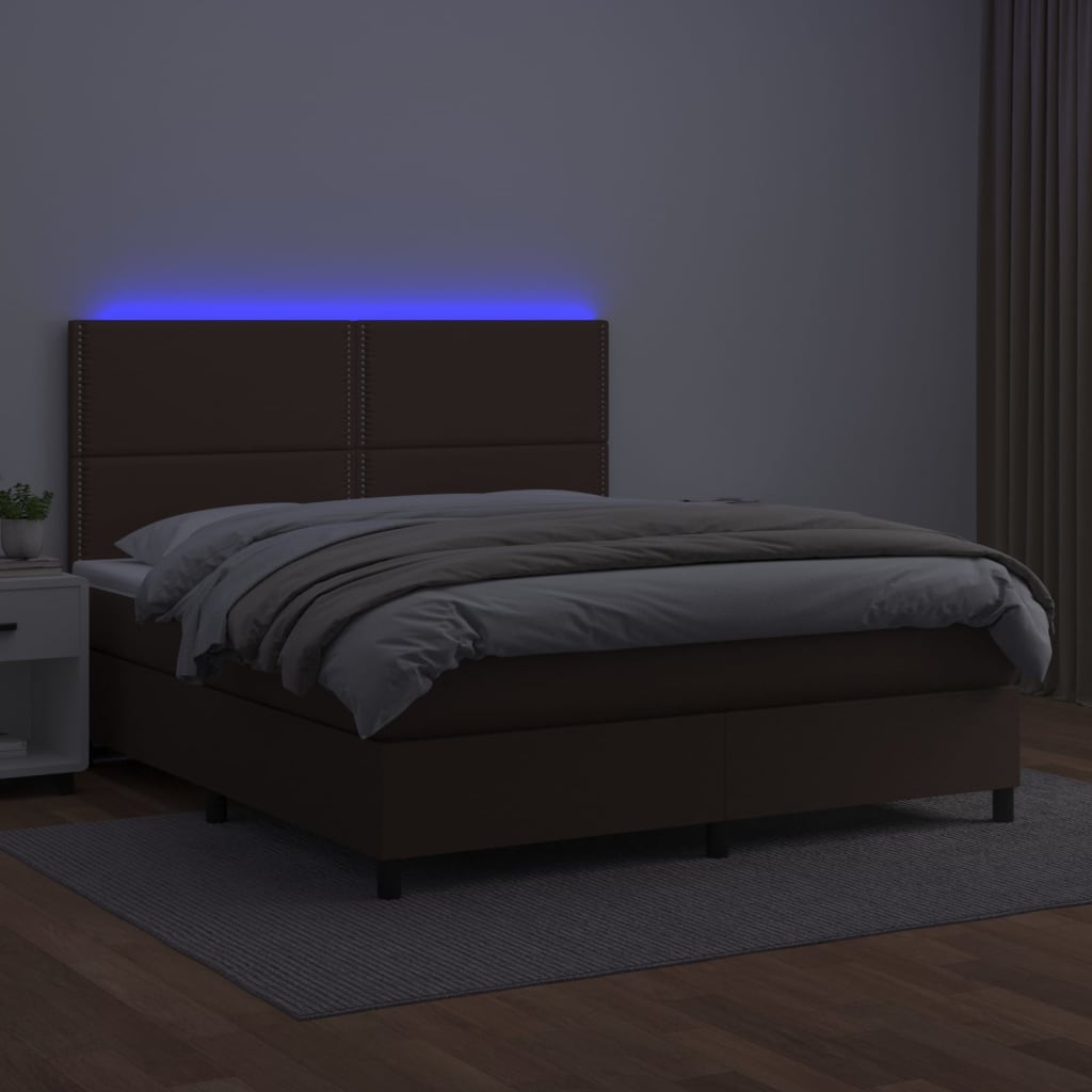 Κρεβάτι Boxspring με Στρώμα & LED Καφέ 140x200 εκ. Συνθ. Δέρμα