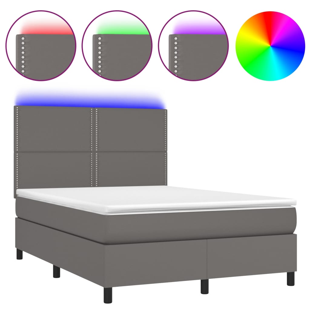 Κρεβάτι Boxspring με Στρώμα & LED Γκρι 140x200 εκ. Συνθ. Δέρμα