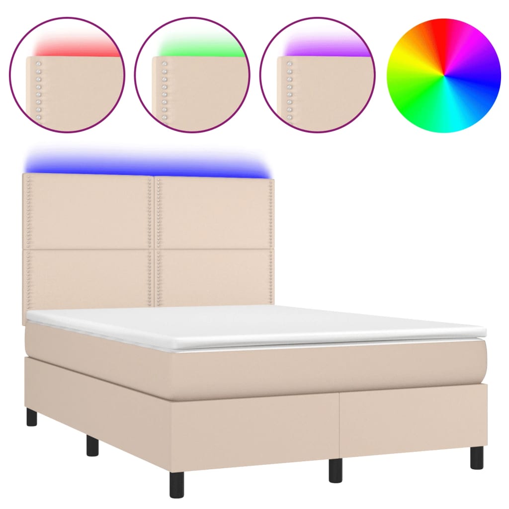 Κρεβάτι Boxspring Στρώμα&LED Καπουτσίνο 140x200 εκ. Συνθ. Δέρμα