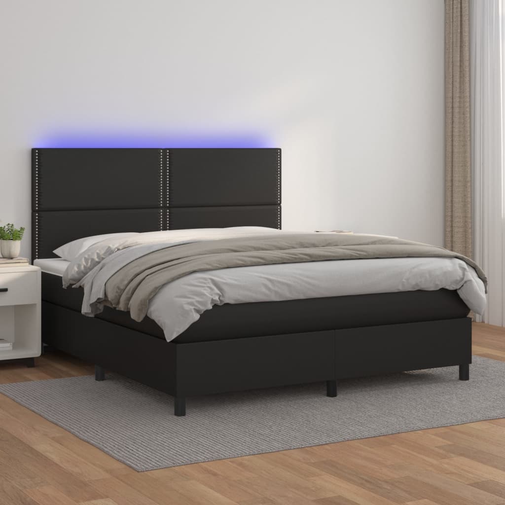 Κρεβάτι Boxspring με Στρώμα & LED Μαύρο 160x200 εκ. Συνθ. Δέρμα