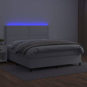 Κρεβάτι Boxspring με Στρώμα & LED Λευκό 160x200 εκ. Συνθ. Δέρμα