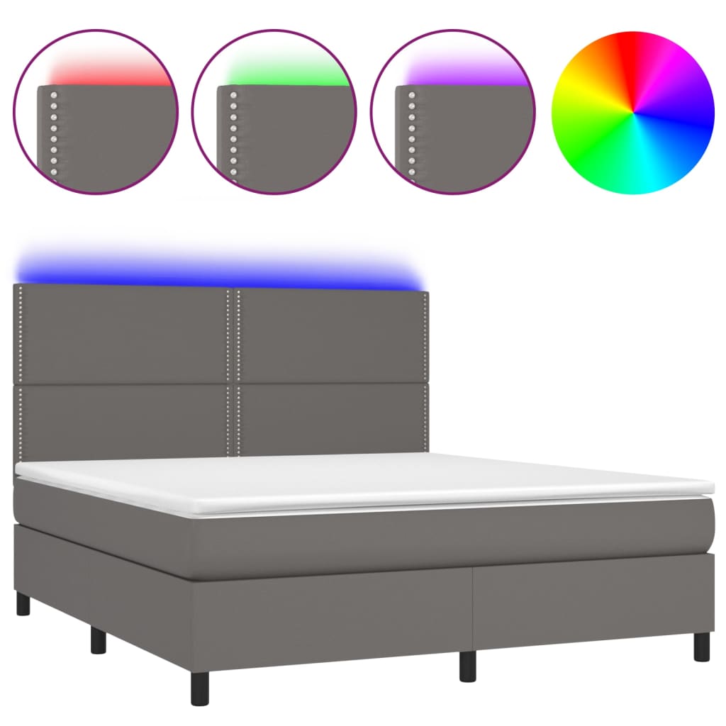 Κρεβάτι Boxspring με Στρώμα & LED Γκρι 160x200 εκ. Συνθ. Δέρμα