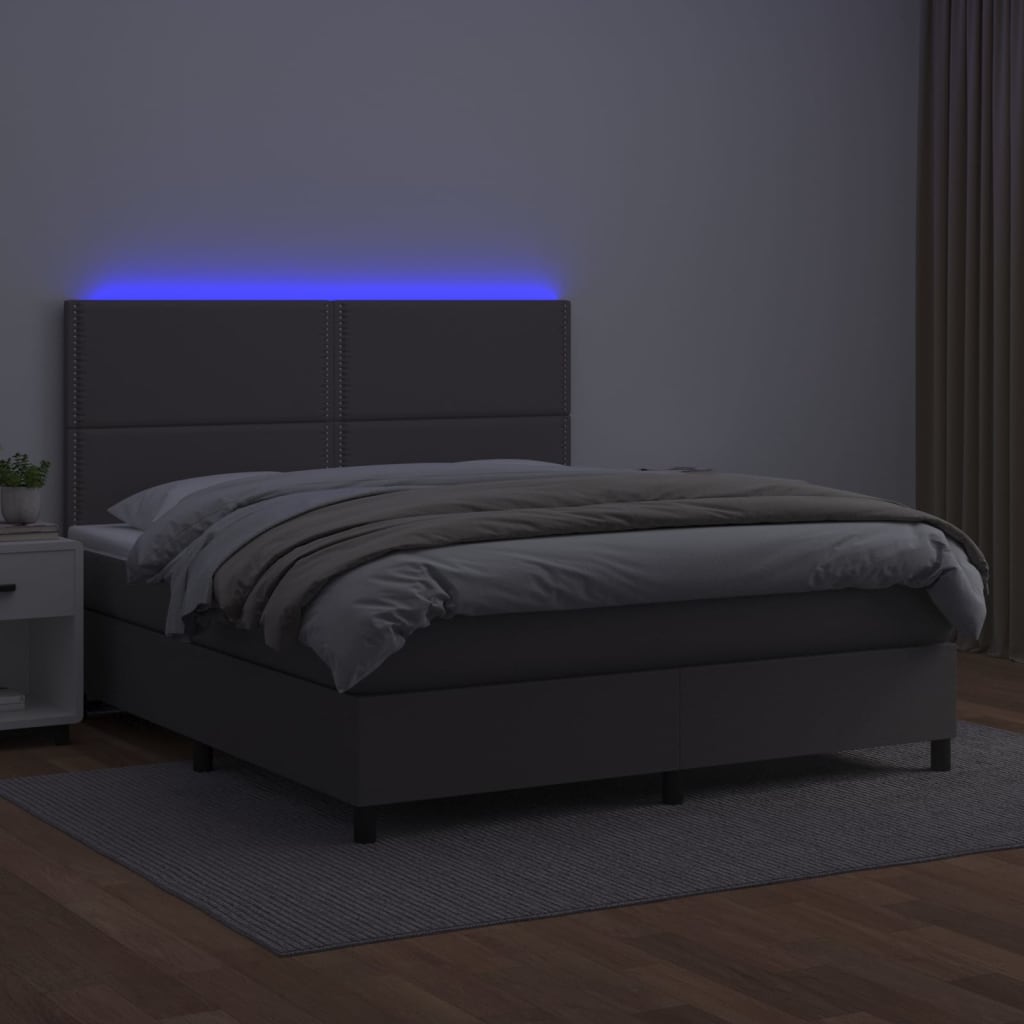 Κρεβάτι Boxspring με Στρώμα & LED Γκρι 160x200 εκ. Συνθ. Δέρμα